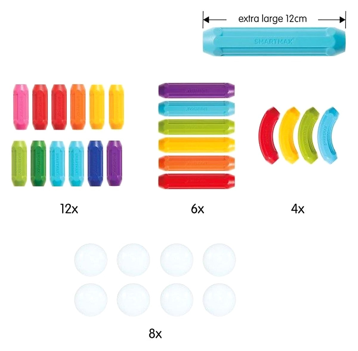 Overzicht van SmartMax Start Plus SMX 310 set met 30 kleurrijke magneten en balletjes, extra large 12cm staven