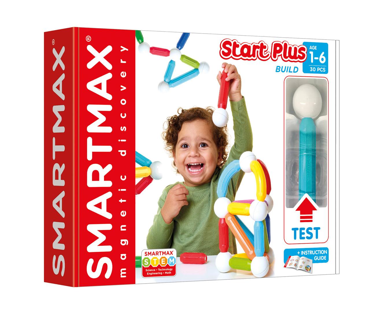 SmartMax Start Plus SMX 310 verpakking voorkant, magnetisch speelgoed voor 1-6 jaar, 30 magnetische stenen met instructiegids