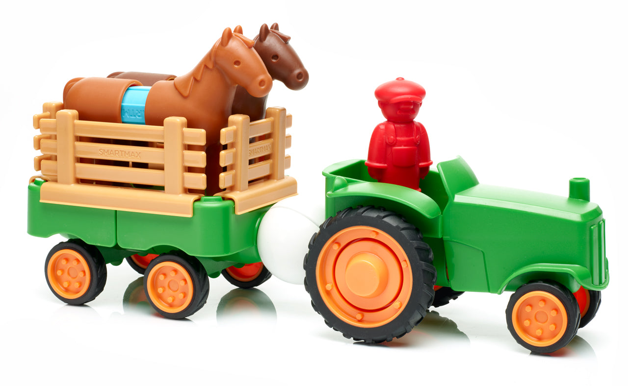 SmartMax My First Tractor SMX 222 magnetisch bouwen, groene tractor met aanhanger en twee bruine SmartMax paarden