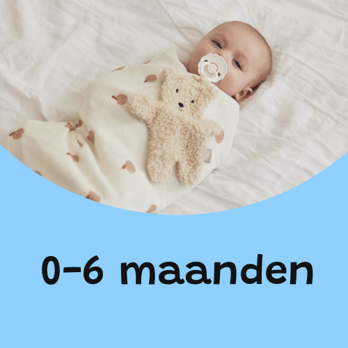 Speelgoed 0 tot 6 maanden, baby ligt met knuffelbeer en speen in zachte slaapzak op wit bed, ideaal voor pasgeborenen.