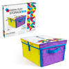 Magna Tiles speelkleed en speelmat met opvouwbare opbergdoos in geel en paars, voorkant verpakking