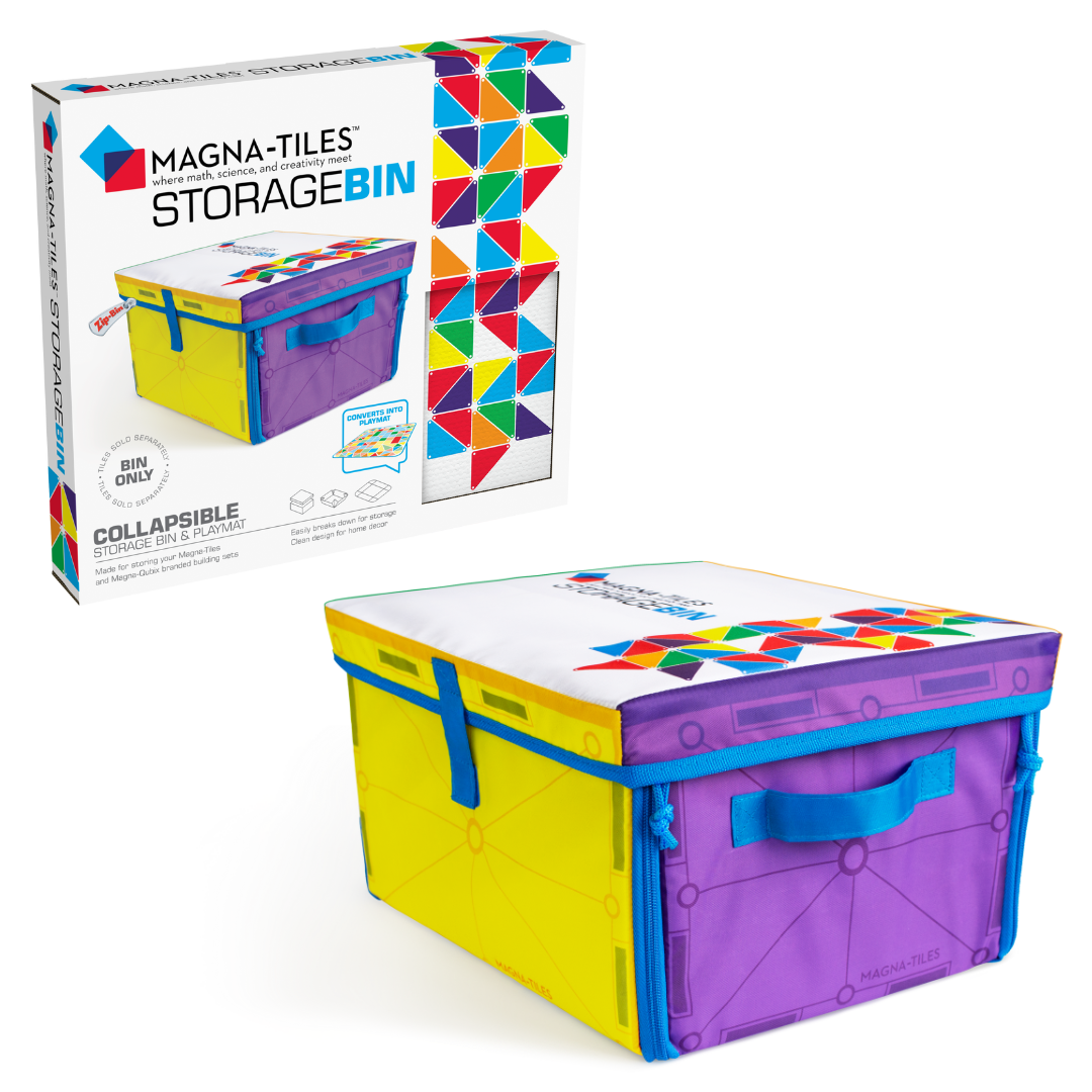 Magna Tiles speelkleed en speelmat met opvouwbare opbergdoos in geel en paars, voorkant verpakking