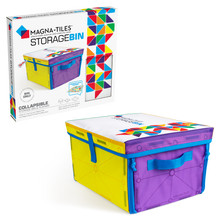 Magna Tiles speelkleed en speelmat met opvouwbare opbergdoos in geel en paars, voorkant verpakking