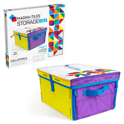 Magna Tiles speelkleed en speelmat met opvouwbare opbergdoos in geel en paars, voorkant verpakking