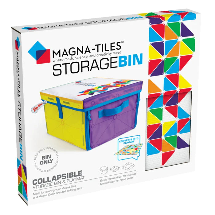 Magna Tiles speelmat Storage Bin verpakking voorkant met opvouwbare doos en speelvlak afbeelding
