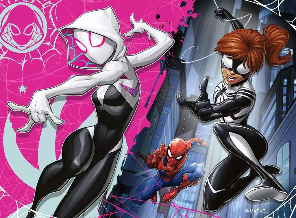 Spider-Gwen en Spiderman in kleurrijke Ravensburger Marvel puzzel, peuter puzzel met dynamische actie.
