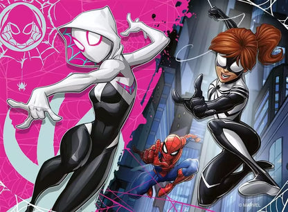 Spider-Gwen en Spiderman in kleurrijke Ravensburger Marvel puzzel, peuter puzzel met dynamische actie.