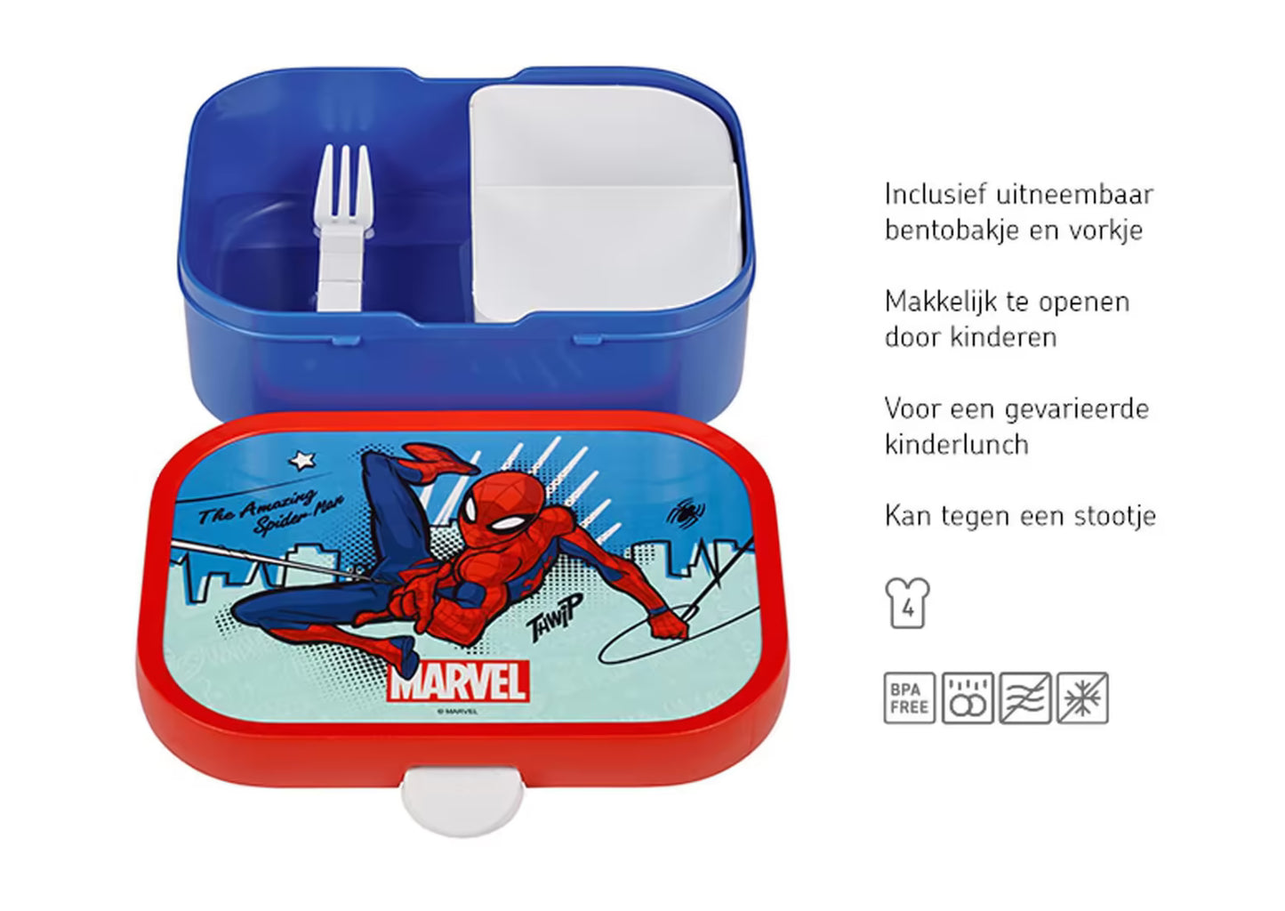Open blauw-rode Spiderman broodtrommel van Mepal met vakjes, vorkje en kleurrijke Marvel Spiderman print.