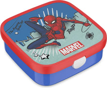 Rode en blauwe Spiderman broodtrommel van Marvel met Mepal sluiting, kleurrijk design voor kinderen en school lunchbox.