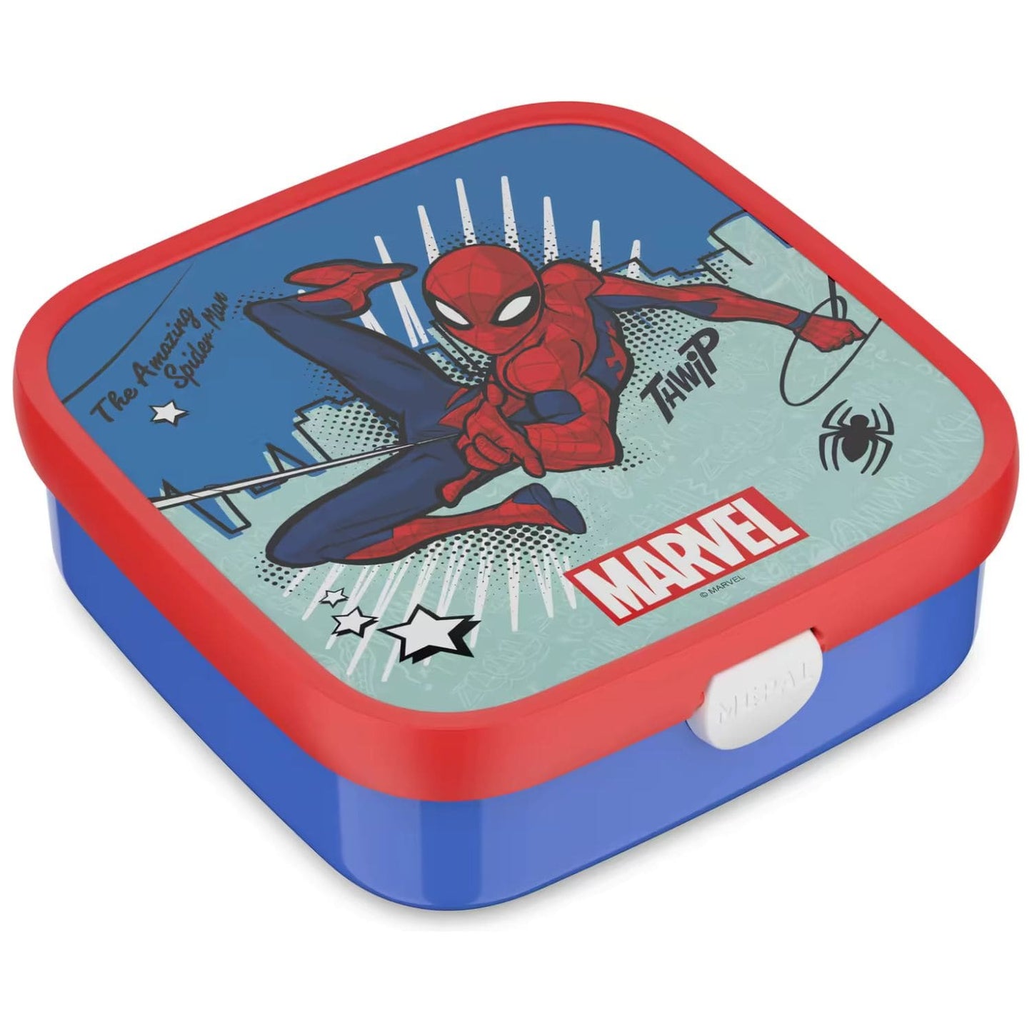 Rode en blauwe Spiderman broodtrommel van Marvel met Mepal sluiting, kleurrijk design voor kinderen en school lunchbox.