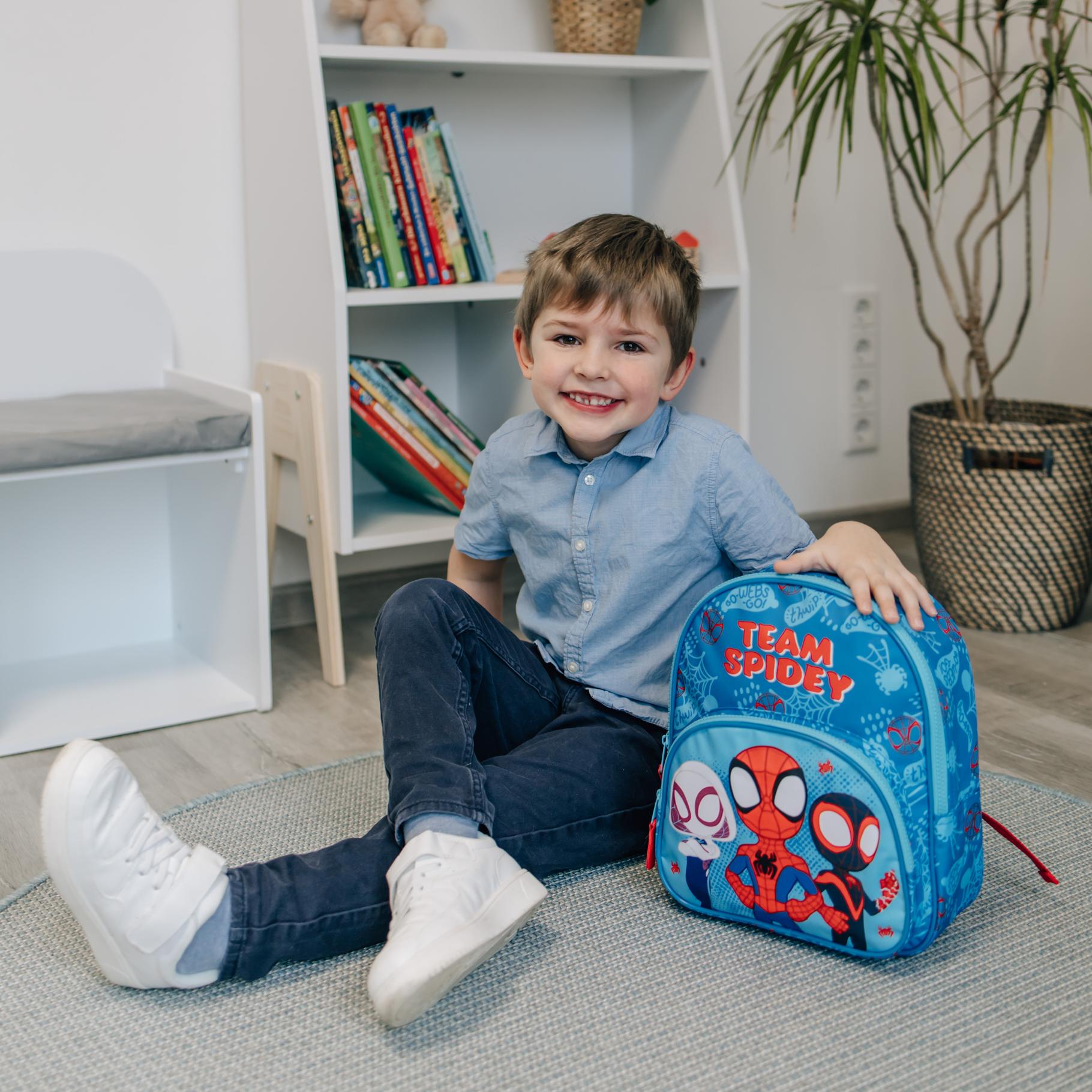Spiderman cadeau: jongen met blauwe Marvel rugzak, Team Spidey design met drie karakters, ideaal cadeau-idee