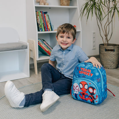 Spiderman cadeau: jongen met blauwe Marvel rugzak, Team Spidey design met drie karakters, ideaal cadeau-idee