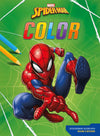 Spiderman kleurplaat op Deltas Color boek voorkant met rode Spiderman in webschietende pose op groene achtergrond.