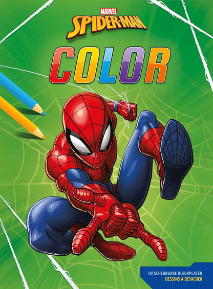 Spiderman kleurplaat op Deltas Color boek voorkant met rode Spiderman in webschietende pose op groene achtergrond.