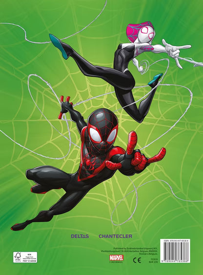 Spiderman kleurplaat met Miles Morales en Spider-Gwen in actiepose op groene achtergrond van Deltas Color boek.