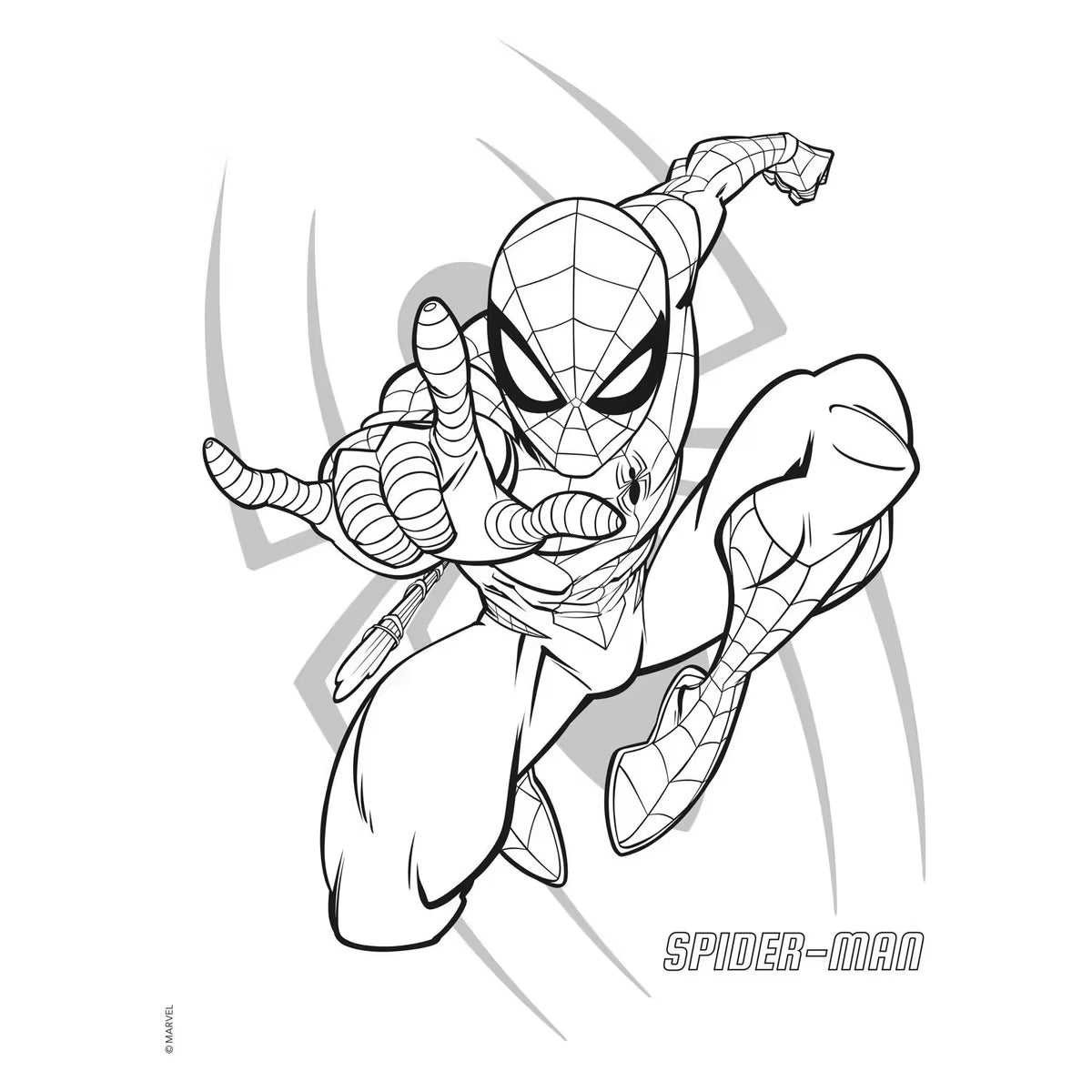 Spiderman kleurplaat met webschietende actiepose, klassiek rood kostuum in zwart-wit lijntekening.