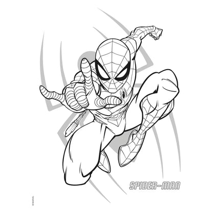 Spiderman kleurplaat met webschietende actiepose, klassiek rood kostuum in zwart-wit lijntekening.