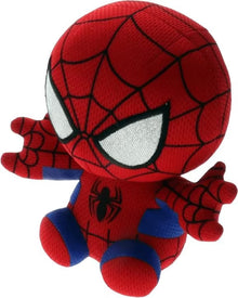 Rode en blauwe Spiderman knuffel in zittende houding, ideaal peuter speelgoed en zacht speelgoed voor jonge kinderen.