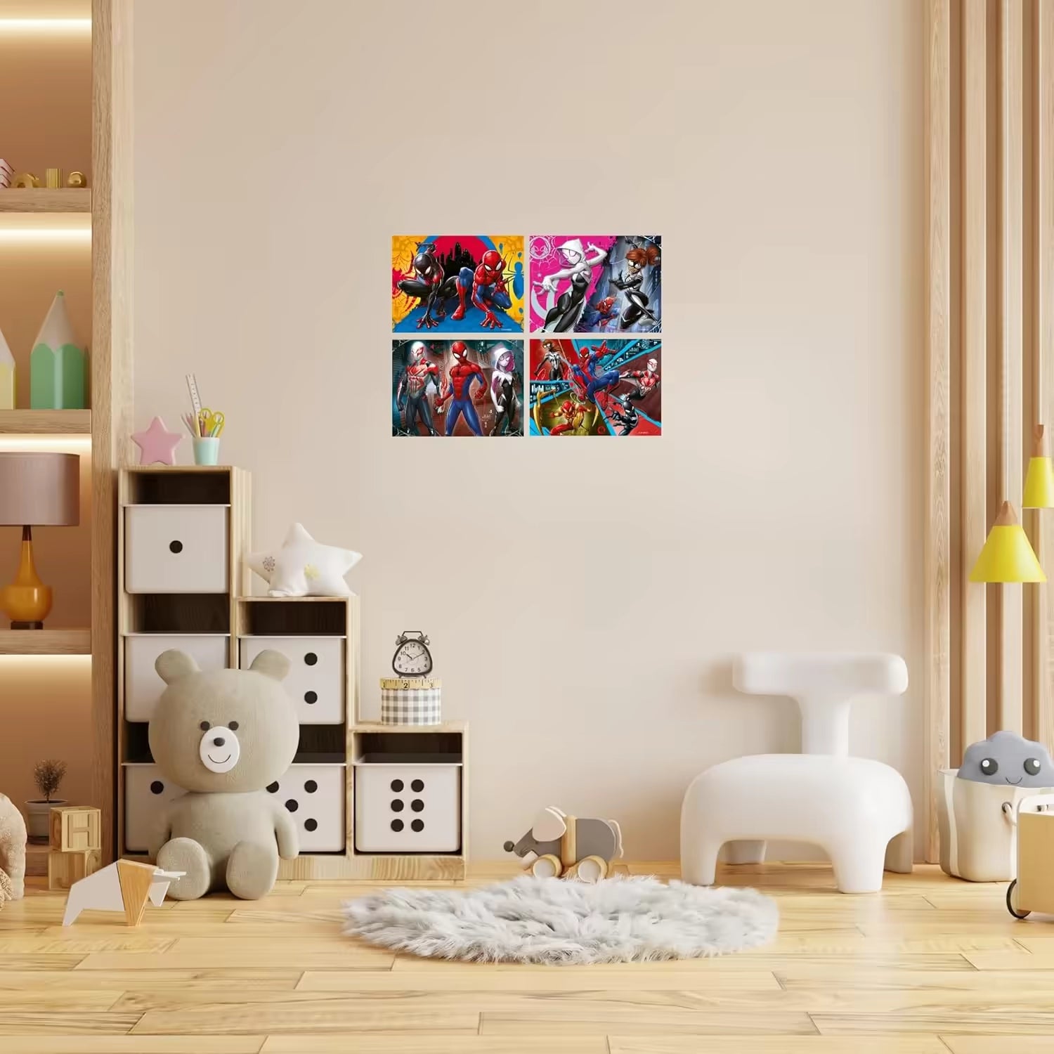 Kinderkamerdecoratie met vier kleurrijke Spiderman puzzels aan de muur, Ravensburger peuter puzzel set.