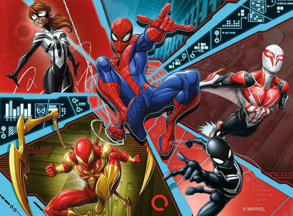 Ravensburger Marvel puzzel met Spiderman, Iron Spider en Venom in dynamische actie, kleurrijk peuter puzzel ontwerp.