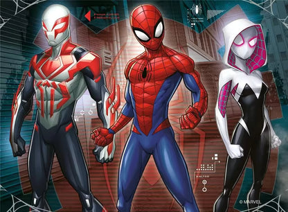 Ravensburger puzzel met Spiderman en Spider-Gwen naast futuristische gebouwen, kleurrijke Marvel peuter puzzel.