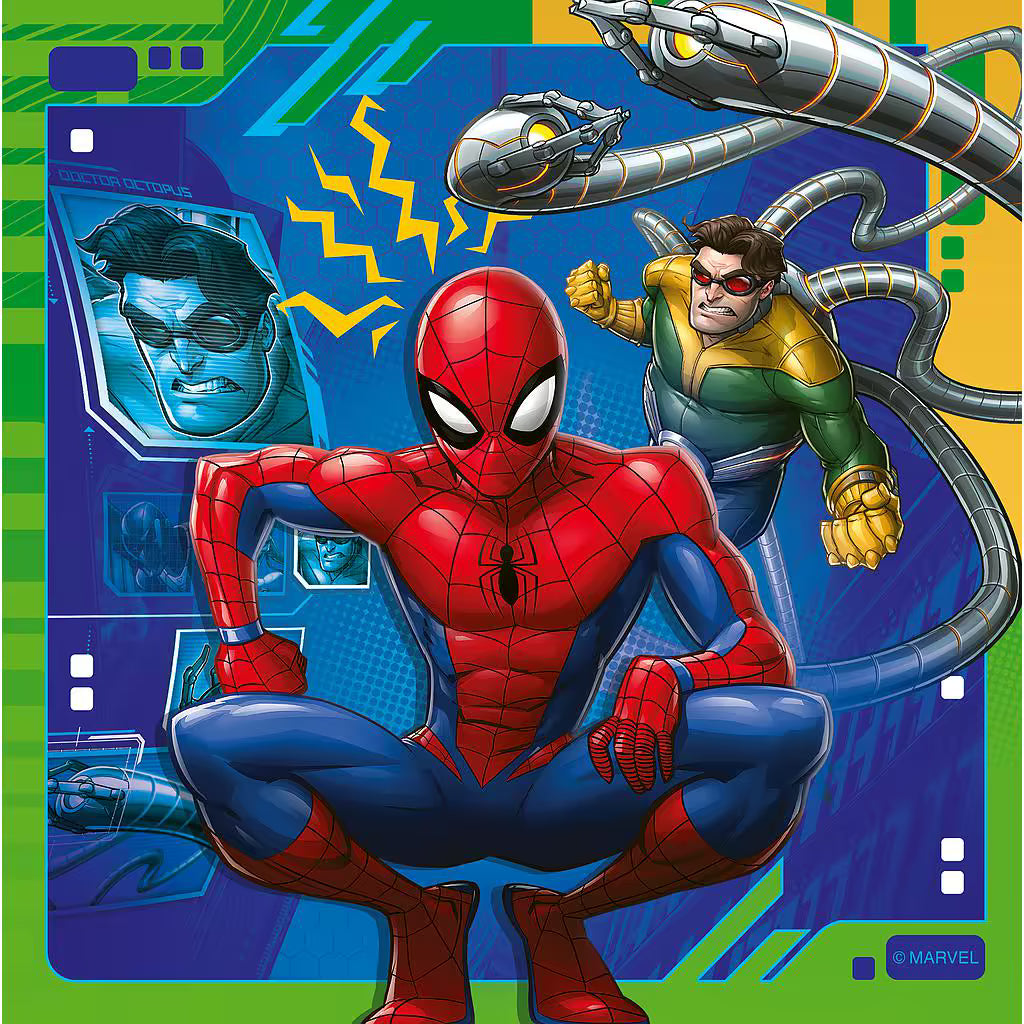 Spiderman staat klaar voor actie met Doctor Octopus in Ravensburger puzzel vol felle kleuren en stoere details.