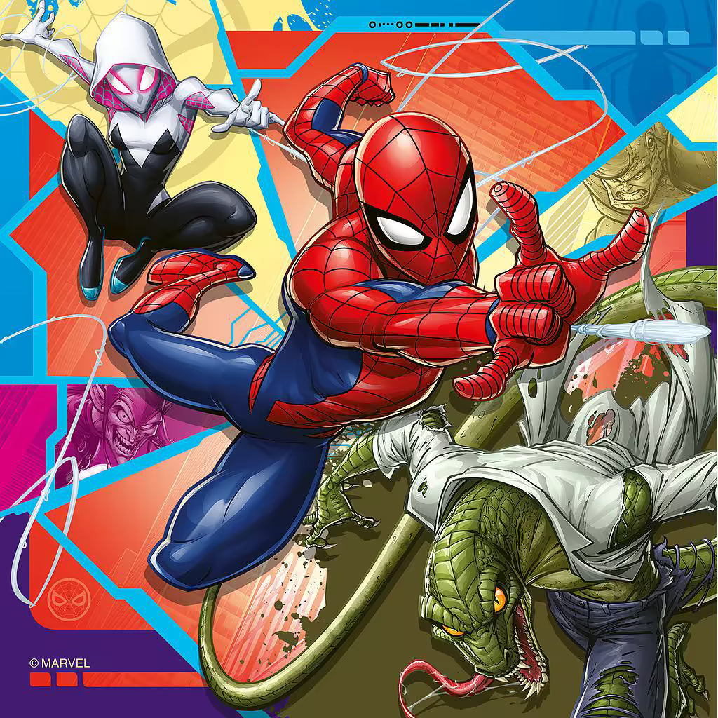 Spiderman en Spider-Gwen vechten samen tegen The Lizard in kleurrijk Ravensburger puzzelontwerp voor kinderen.