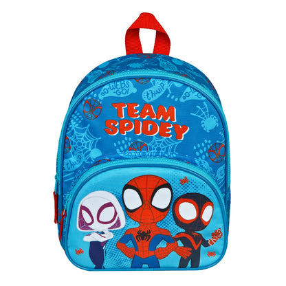 Spidey speelgoed rugzak 31 cm met Spidey Parker en vrienden, blauw-rode Marvel kinderrugzak op witte achtergrond
