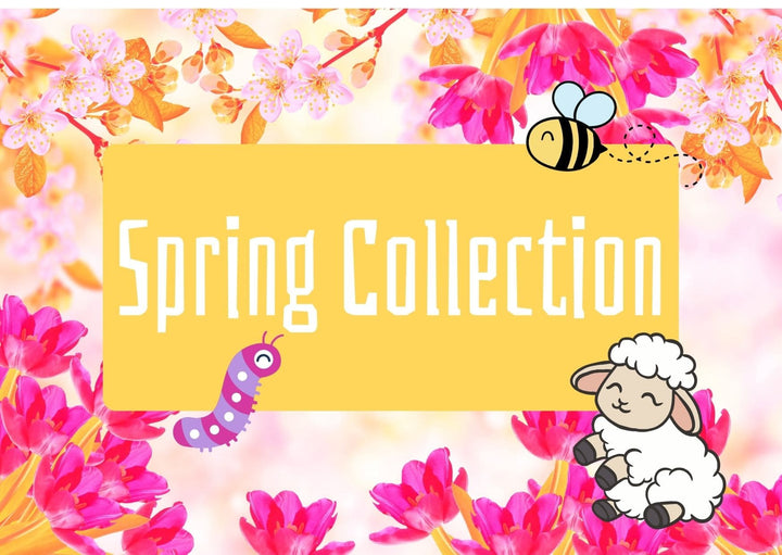 lente collectie knop lente tafereel met lammetje, rups en bij met lente achtergrond vol bloemen