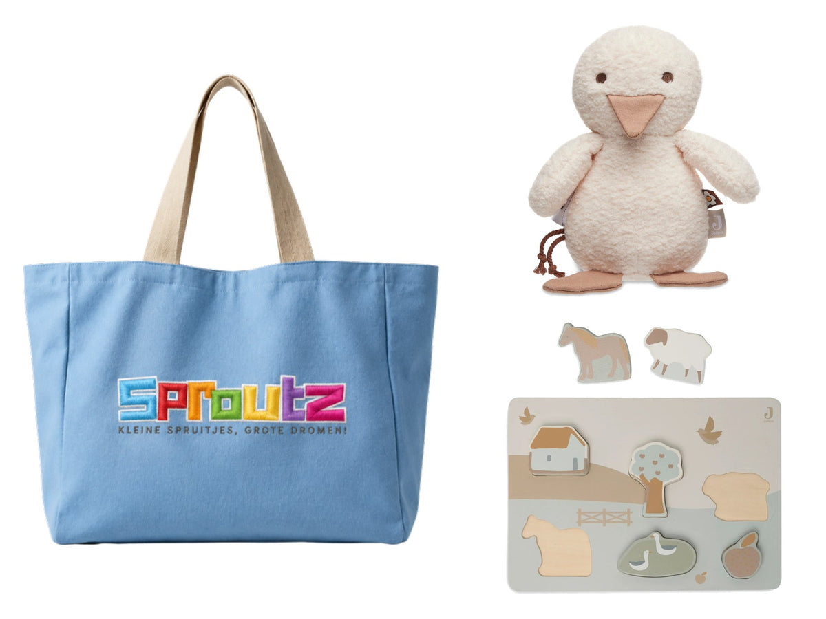 Cadeau naar keuze: Sproutz tote bag, Jollein eendje en Jollein houten puzzel, beloning spaarprogramma