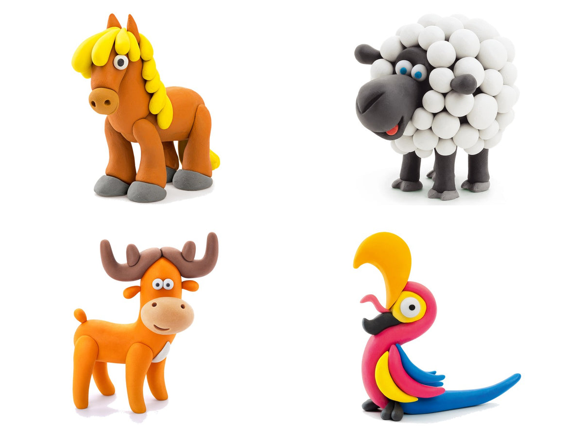 Hey Clay boetseerklei dieren: paard, schaap, hert en papegaai, beloning spaarprogramma Sproutz