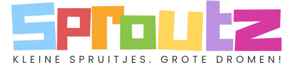 Sproutz logo met kleurrijke en speelse letters in diverse kleuren met slogan “Kleine spruitjes, grote dromen!” eronder.