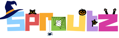 Sproutz logo in halloween style met een heksenhoed, spinnenweb, pompoennen met enge gezichten voor een leuk en speels sproutz logo geschikt voor halloween