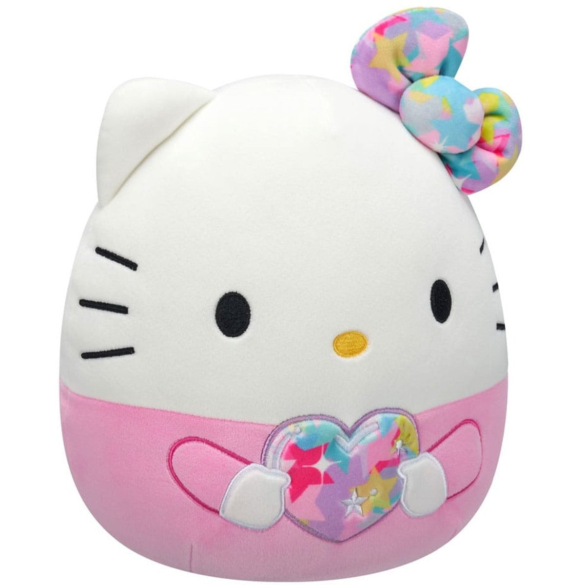 Squishmallow Hello Kitty knuffel zijkant, ideaal cadeau met regenboogstrik en hart met sterren detail