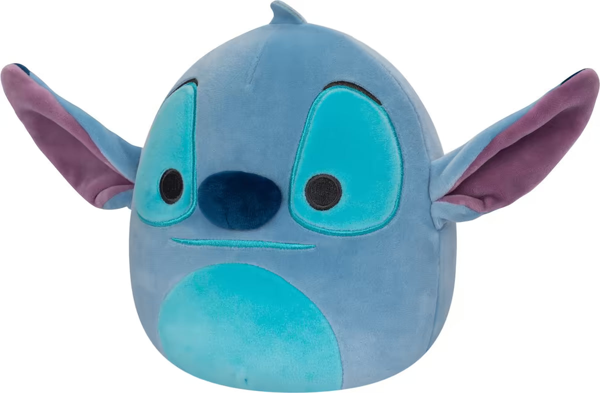 Zachte Squishmallows Stitch knuffel in blauw met paarse oren, voorkant getoond, ideaal en veilig voor kinderen.