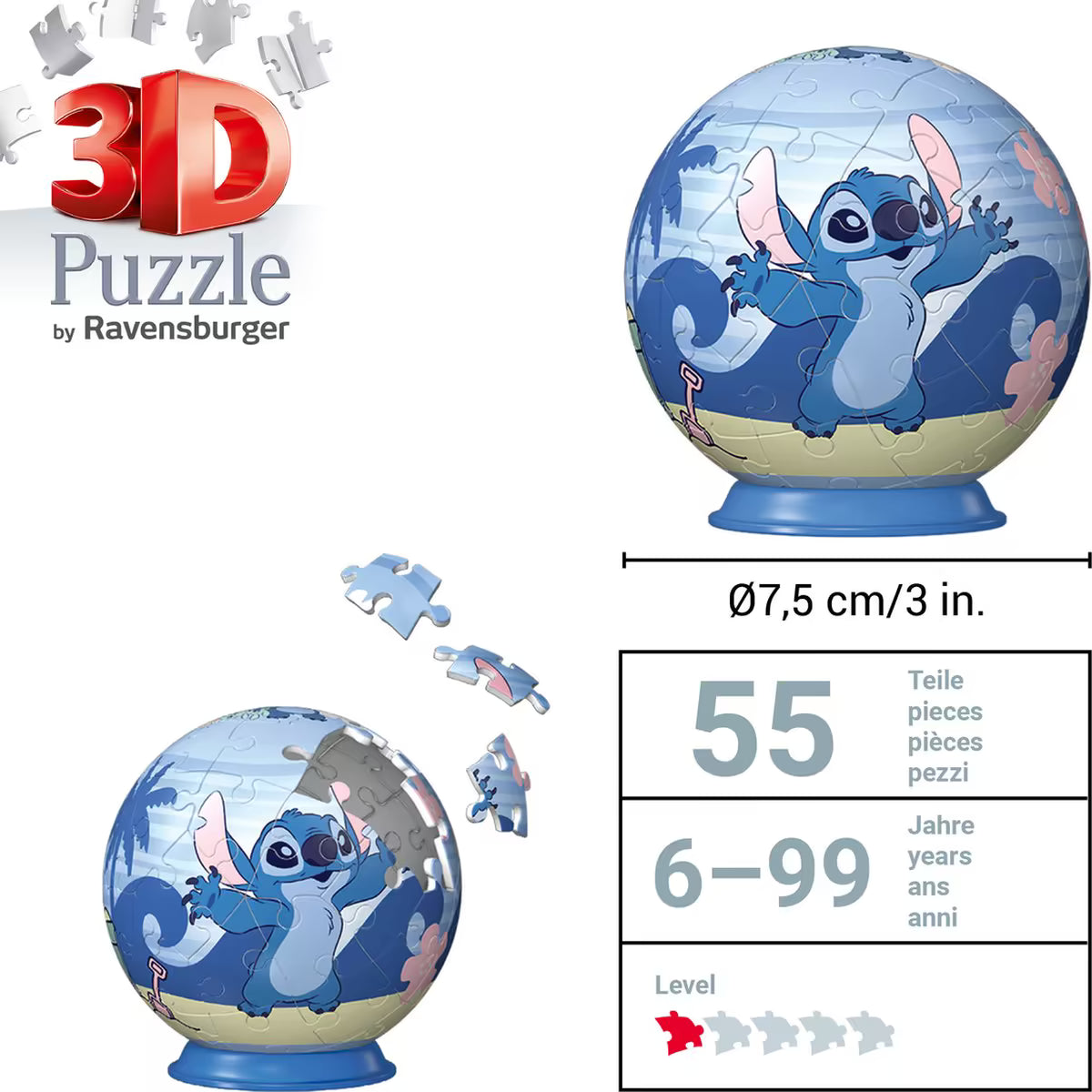 3D Puzzle-Ball Disney Stitch met afmetingen en puzzelstukjes in beeld, kindvriendelijk ontwerp van Ravensburger met 55 stevige delen.