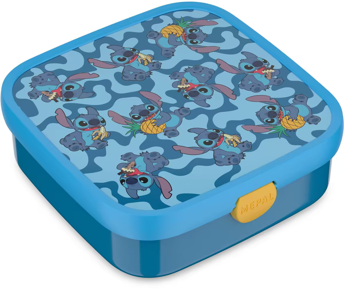 Blauwe Stitch broodtrommel van Mepal met vrolijke print, ideaal als kindvriendelijke lunchbox voor school of uitjes.