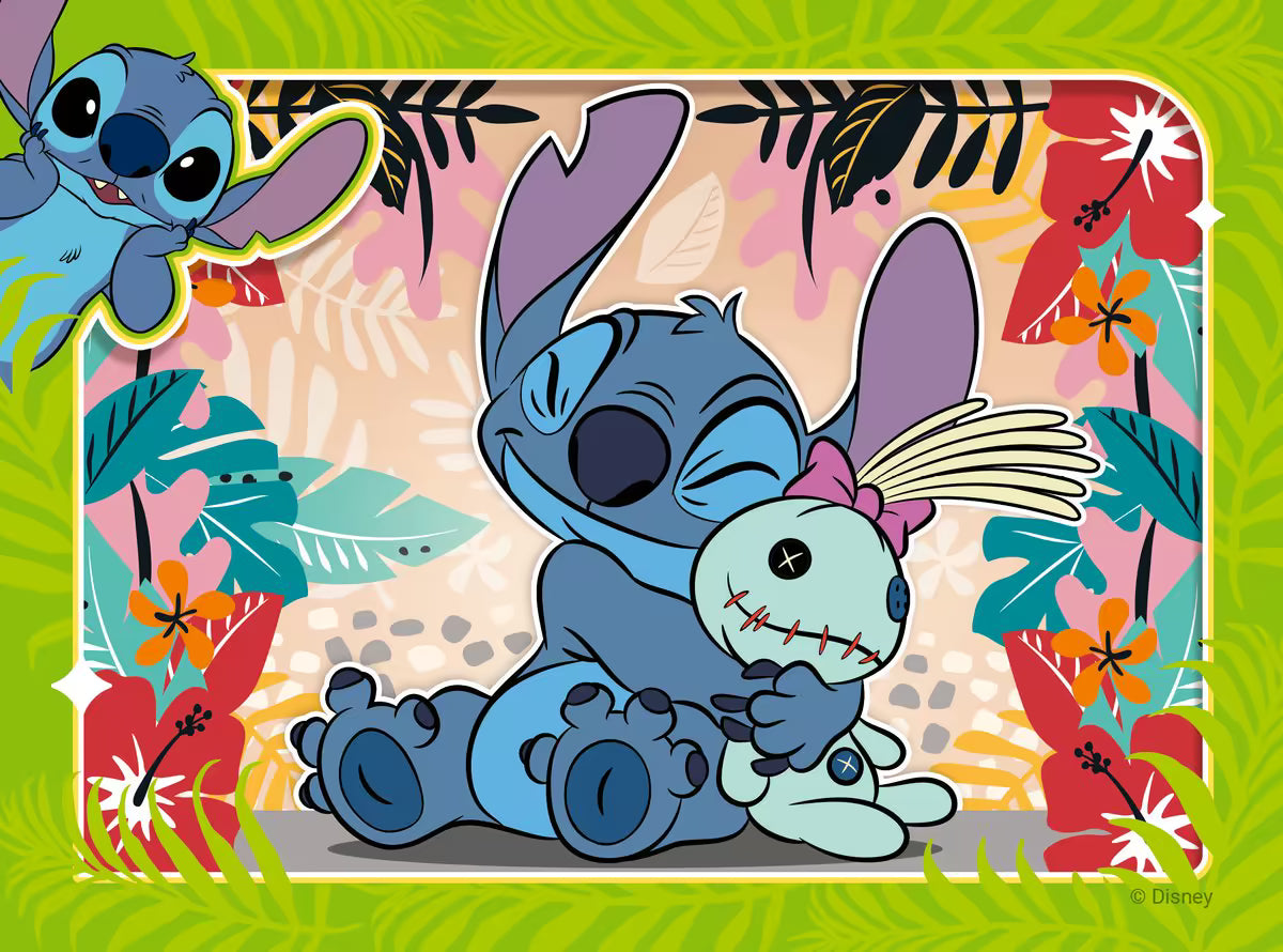Vrolijke blauwe Stitch knuffelt zijn pop Scrump, kleurrijke bloemenrand, Ravensburger puzzle Stitch voor kinderen.