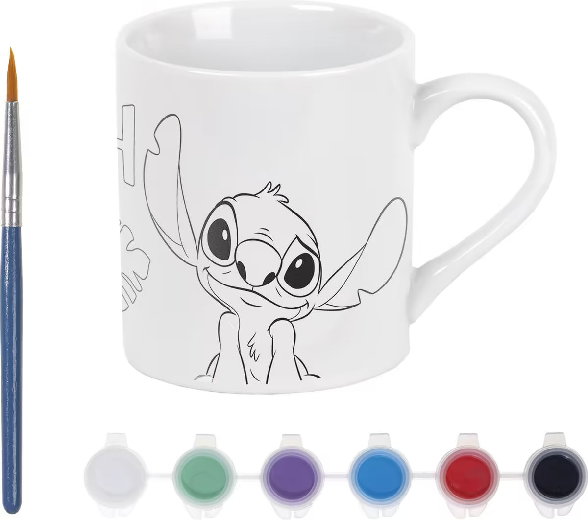 Ongekleurd Disney Stitch mokje met Totum verf en penseel, veilig knutsel idee en kindvriendelijk voor met peuters knutselen.