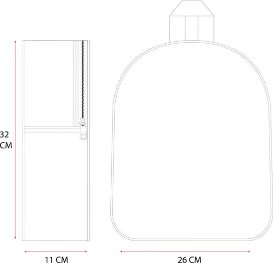 Technische tekening van Stitch rugzak kind met maten 32x26x11 cm, handig voor school en uitstapjes.