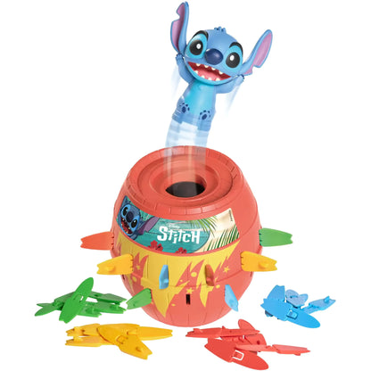 Disney Stitch spel Pop Up in rode ton, kleurrijke surfplanken en springende Stitch, leuk kinderspel speelgoed
