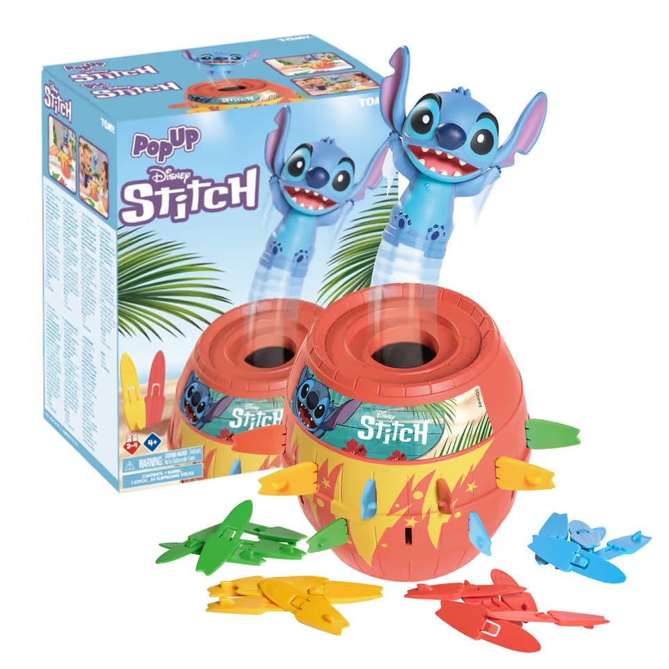 Pop Up Disney Stitch spel met doos en rode ton, blauwe figuur springt omhoog, kleurrijk kinderspeelgoed set