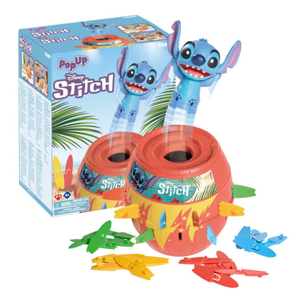 Pop Up Disney Stitch spel met doos en rode ton, blauwe figuur springt omhoog, kleurrijk kinderspeelgoed set