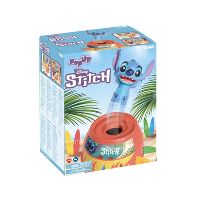 Voorkant verpakking Pop Up Disney Stitch spel met rode ton en springende figuur, vrolijk kinderspel speelgoed