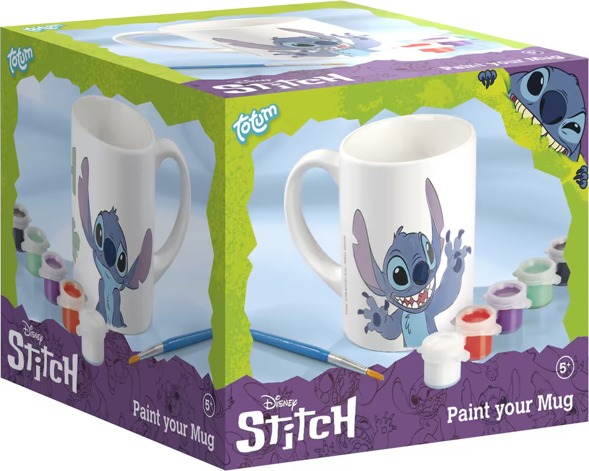 Voorkant verpakking van Totum Disney Stitch verf je mok set met penseel en verf, knutsel ideeën voor kinderen.