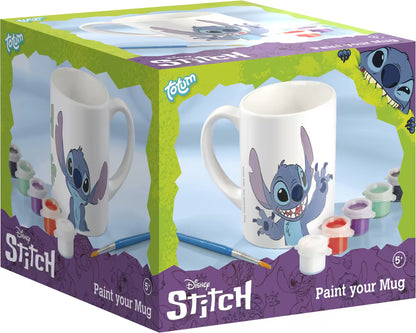 Voorkant verpakking van Totum Disney Stitch verf je mok set met penseel en verf, knutsel ideeën voor kinderen.