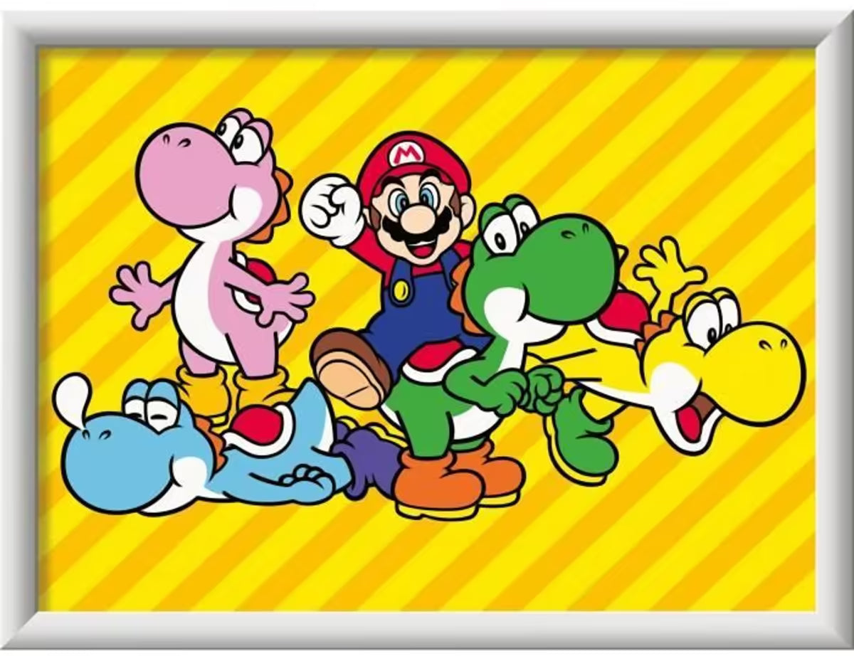 Kleurrijke Super Mario schilderset van Ravensburger CreArt met Mario en Yoshi’s, creatief knutsel idee voor kinderen.