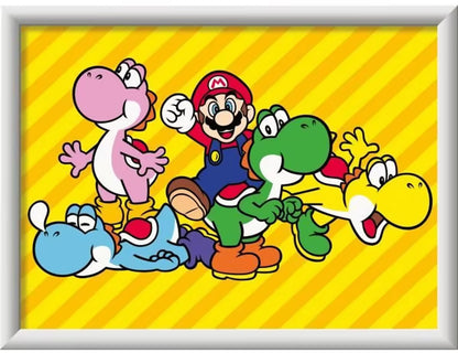Kleurrijke Super Mario schilderset van Ravensburger CreArt met Mario en Yoshi’s, creatief knutsel idee voor kinderen.