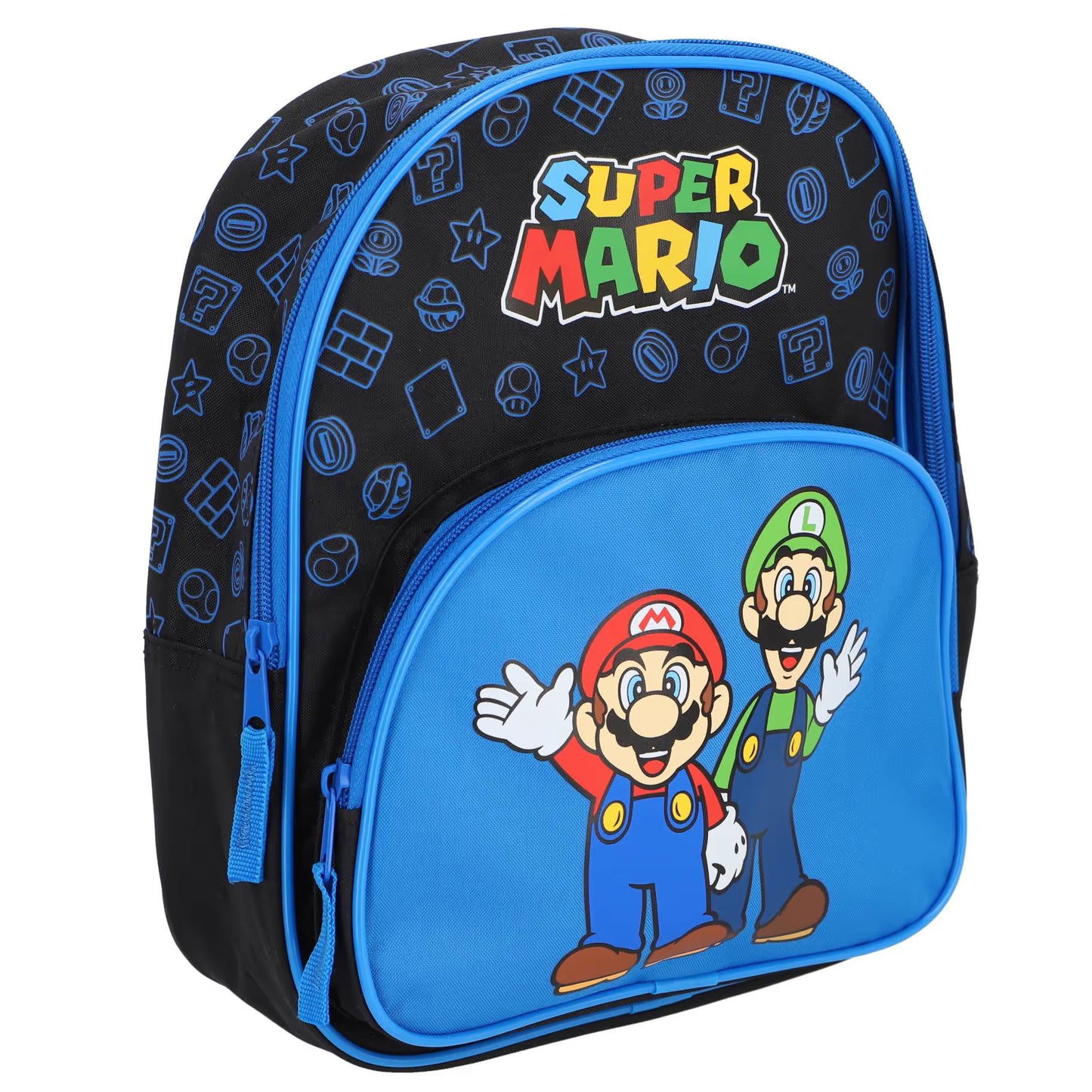 Zwarte en blauwe Super Mario rugzak kind met Mario en Luigi print, kleine rugzak voor school en dagelijks gebruik.