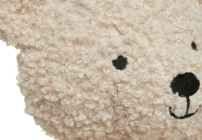 Close-up van het geborduurde gezichtje van de Jollein Teddy Bear in naturel kleur, perfecte dikke knuffel.